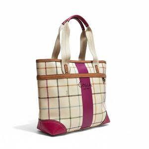 Coach‎ Tattersall Tote/Diaper Bag Leather Trim Coated Canvas Pink White Cream